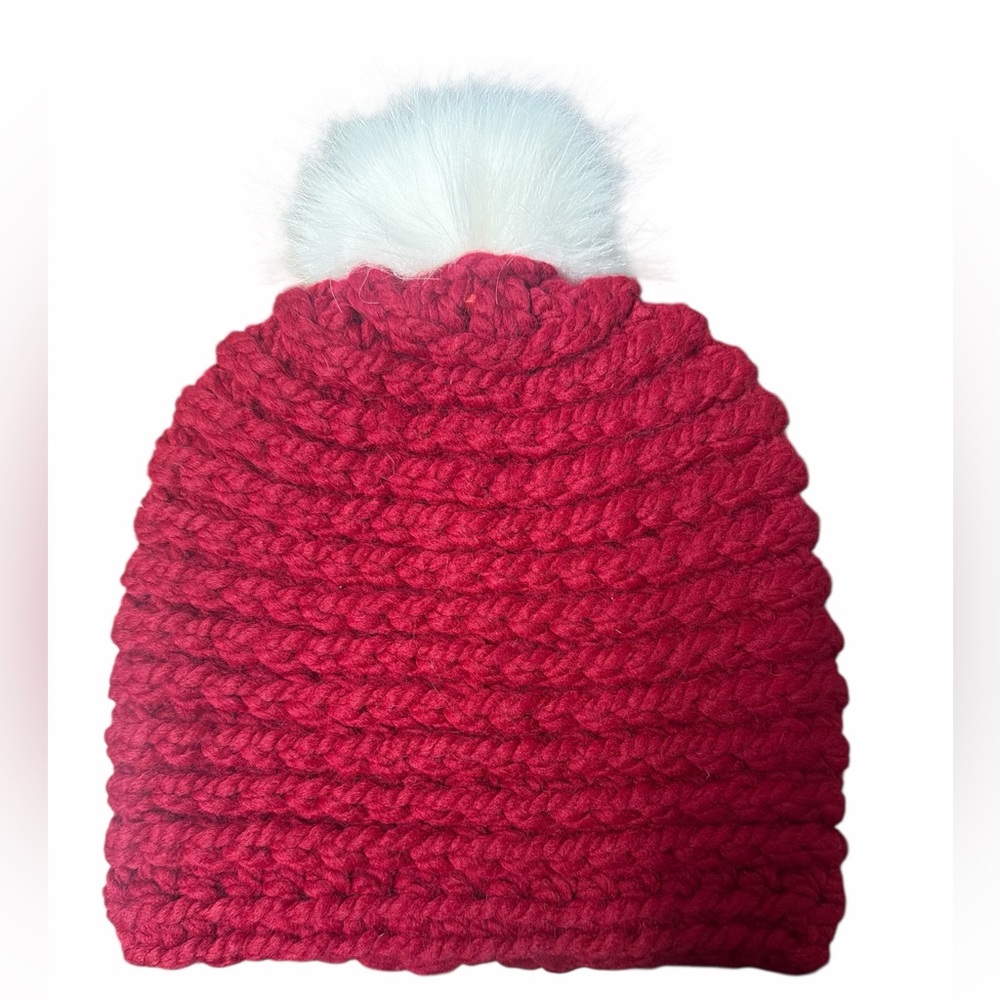 Red hat with white removable Pom crocheted handmade